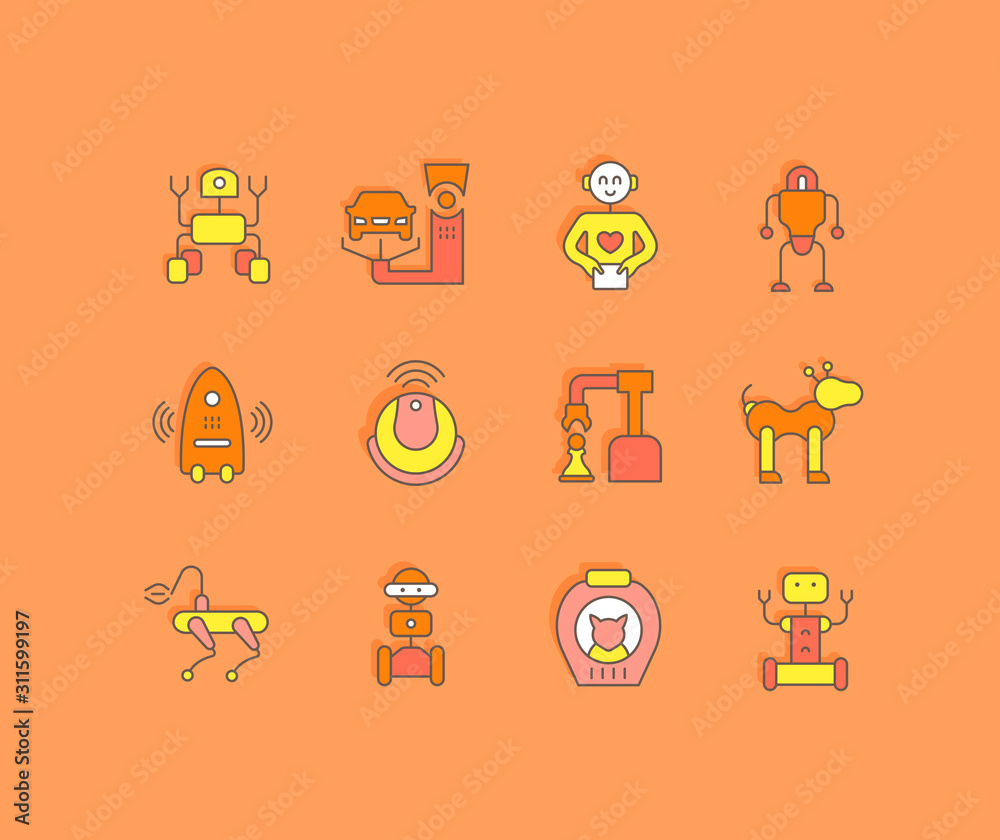 Set of Simple line Icons of Robots