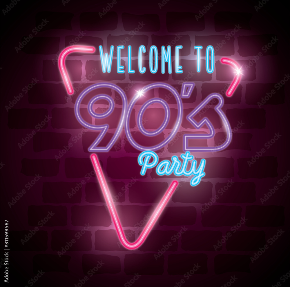 poster of welcome to nineties party neon light design - obrazy, fototapety, plakaty 
