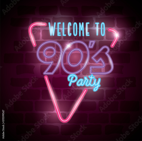 poster of welcome to nineties party neon light design