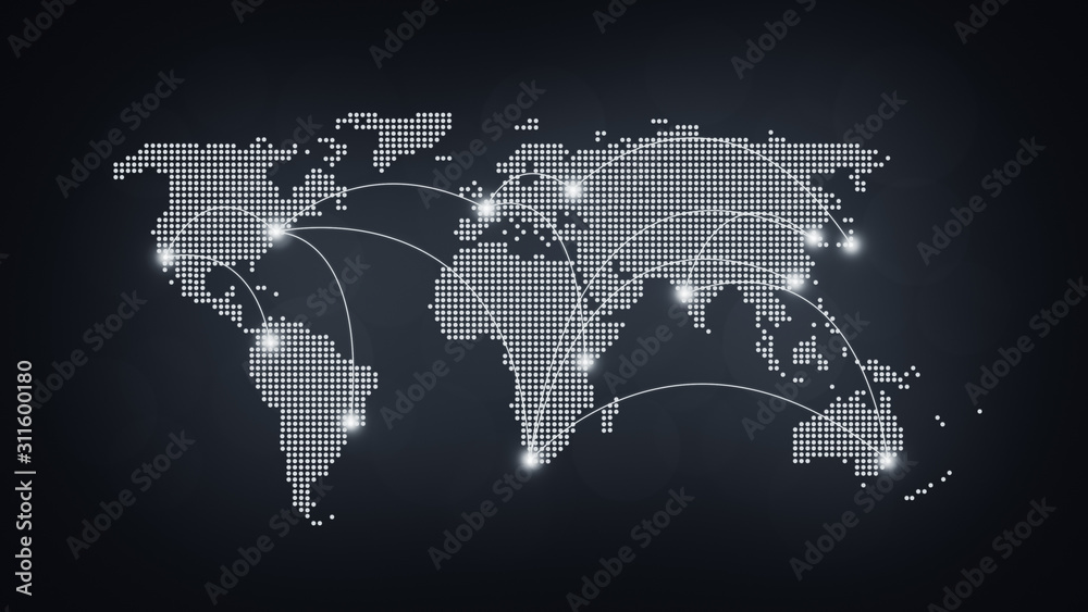 Dotted world map with flight paths connecting highlighted cities. Blurred dark gray background in black and white in 4k resolution. Concept photo of global communications, traveling and globalisation.