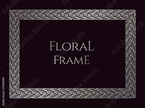 Silver Vintage floral frame for design, template. Luxury, royal ornament in celtic, damascus style with lily. Premium illustration. Ornate decor, border for invitation, card, certificate, rewarding