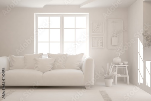 Mock up of stylish room in white color with sofa. Scandinavian interior design. 3D illustration