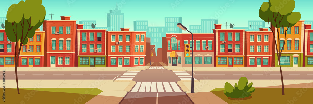 Urban street landscape with crossroad and traffic light, buildings with