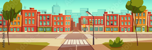 Urban street landscape with crossroad and traffic light, buildings with small shops, cafes and restaurants cartoon vector background, town poster with empty street space