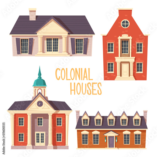 Urban retro colonial style building cartoon vector set illustration. Old residential and government buildings, church, Victorian houses isolated on white background