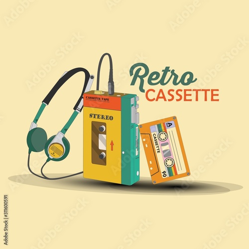 retro cassette tape player, walkman with head phones