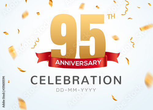 95 Anniversary gold numbers with golden confetti. Celebration 95th anniversary event party template