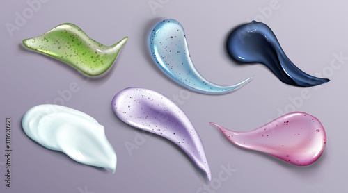 Cosmetic cream and scrub smear realistic set of vector illustrations. Gel, scrub with small particles and grains, cosmetic face mask or serum texture smudge swatch isolated on transparent background