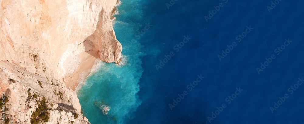 Aerial drone ultra wide photo of paradise white bay with turquoise clear sea in island of Kefalonia, Ionian, Greece