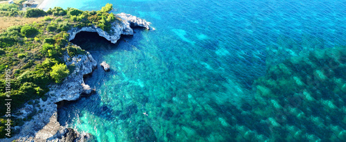 Fototapeta Naklejka Na Ścianę i Meble -  Aerial drone ultra wide photo of secluded turquoise exotic paradise bay with sandy beach
