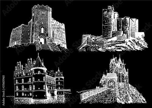 Graphical set of castles isolated on black background,vector engraved illustration