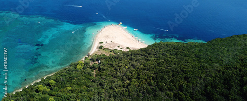 Aerial drone ultra wide photo of secluded turquoise exotic paradise bay with sandy beach
