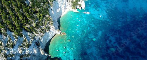 Aerial drone ultra wide photo of paradise white bay with turquoise clear sea in island of Kefalonia, Ionian, Greece photo