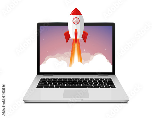 Vector rocket launch website computer concept illustration. Business start rocket launch