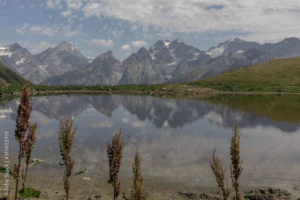 Lake reflections of the Caucasus Mountains in Georgia