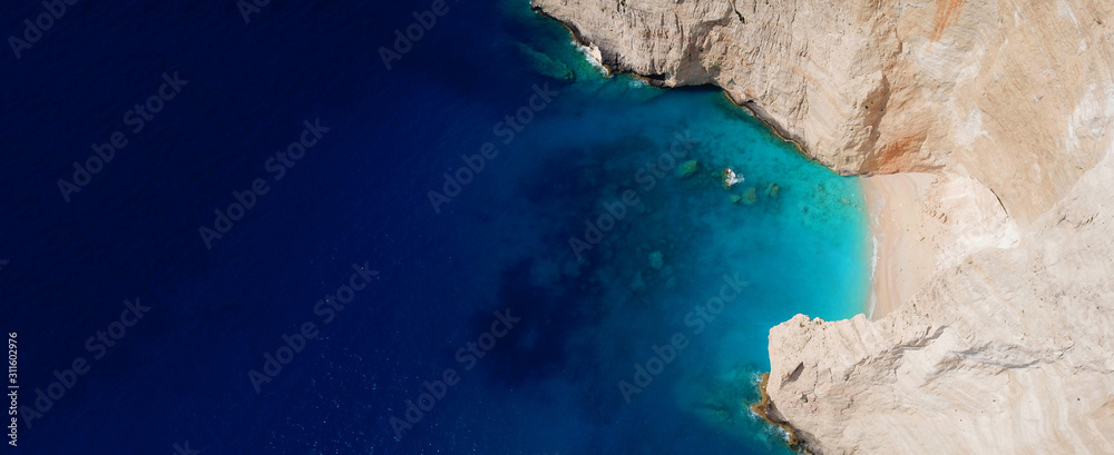 Fototapeta premium Aerial drone ultra wide photo of paradise white bay with turquoise clear sea in island of Kefalonia, Ionian, Greece