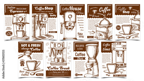 Coffee Machine, Holder And Cup Posters Set Vector. Portafilter, Manual Grinder And Mug With Hot Drink Machine Details. Concept Template Designed In Vintage Style Monochrome Illustrations