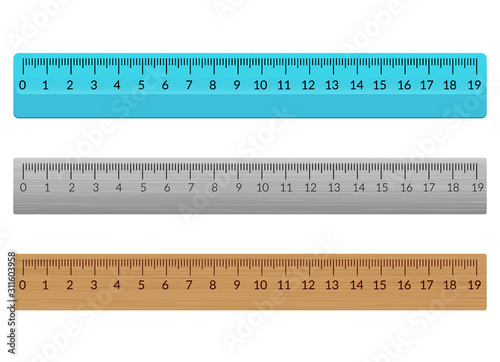 Ruler school flat centimeter. Scale inch rule millimeter plastic wooden isolated illustration