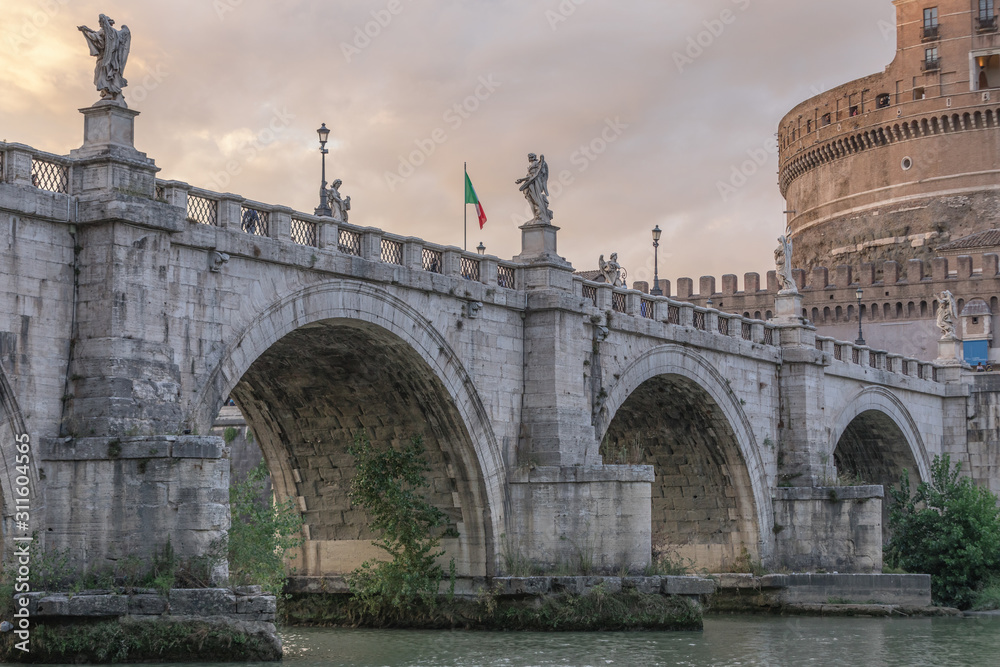 View of Castel Sant'Angelo in Rome during Sunset