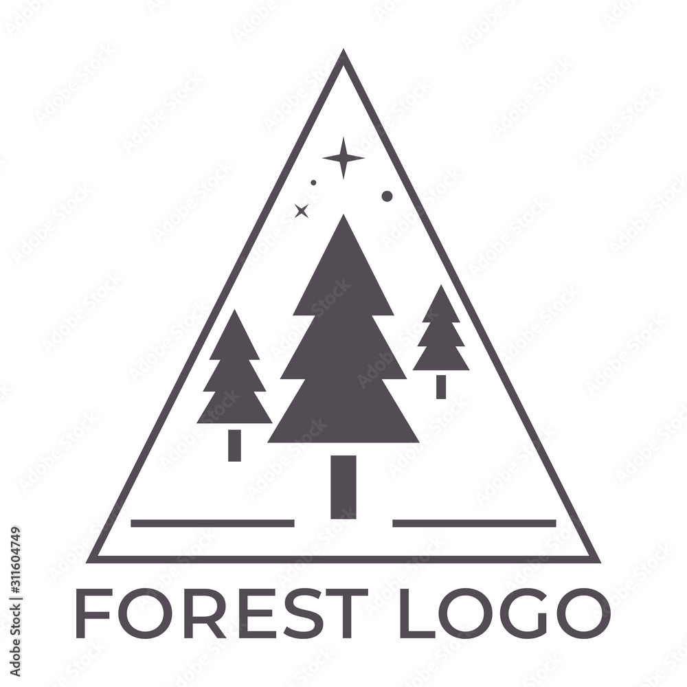 Obraz premium Forest logo. Simple flat three vector trees and stars in a triangle. Spruce and fir minimal silhouette icon. Wild emblem symbol