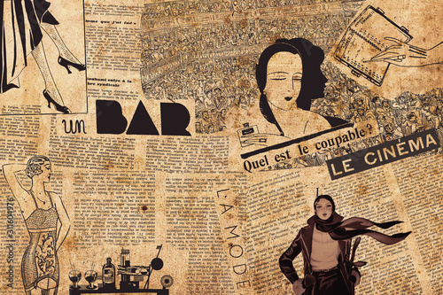 Paris, France - December 15, 2019: Collage of french newspaper headlines, draws and articles in 1930s - french atmosphere theme