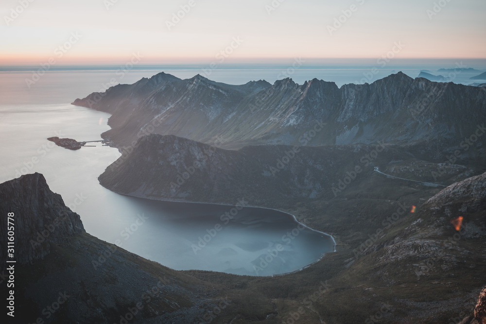 Views of a fjord at sunset in Senja, Norway
