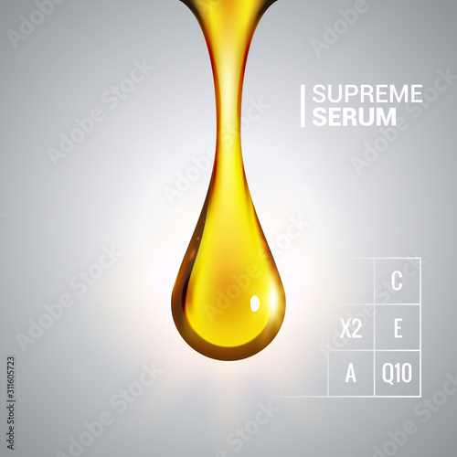 Supreme collagen oil drop serum. Shining golden essence droplet cosmetic design