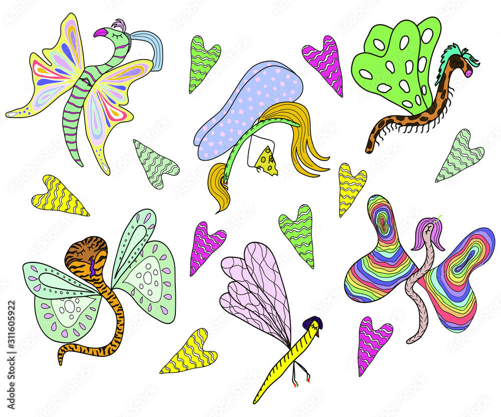 Colorful set with different butterflies and insects in cartoon style