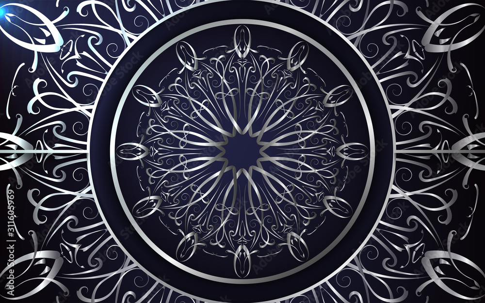 Luxury blue background with mandala style shapes a combination silver ornament decoration. Elegant vector design template for cover, banner, wedding invitation, card, business, advertising, wallpaper