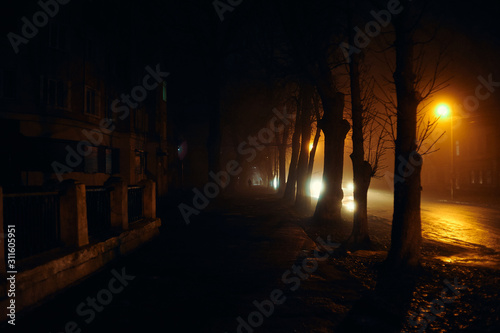 fog in the night city after rain  car headlights
