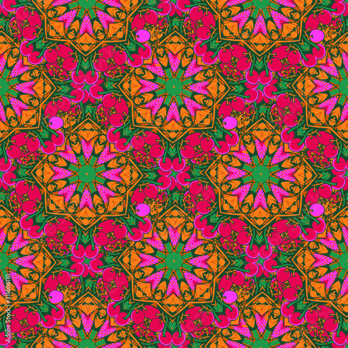 Traditional ornate decorative tiles . Abstract background. Vector illustration , Embroidery colorful simplified ethnic pattern .