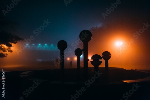Fototapeta Naklejka Na Ścianę i Meble -  fog in the night city after rain, car headlights