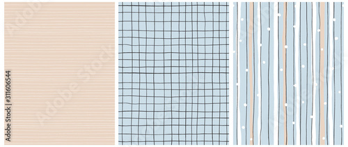 Hand Drawn Childish Style Seamless Vector Patterns. White and Black Vertical Stripes on a Blue Background. Black Grid On a Blue. White Tiny Lines on a Light Beige Layout. Simple Geometric Prints.