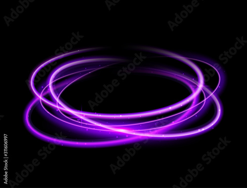 Purple circle light effect background. Swirl glow magic line trail. Light effect motion