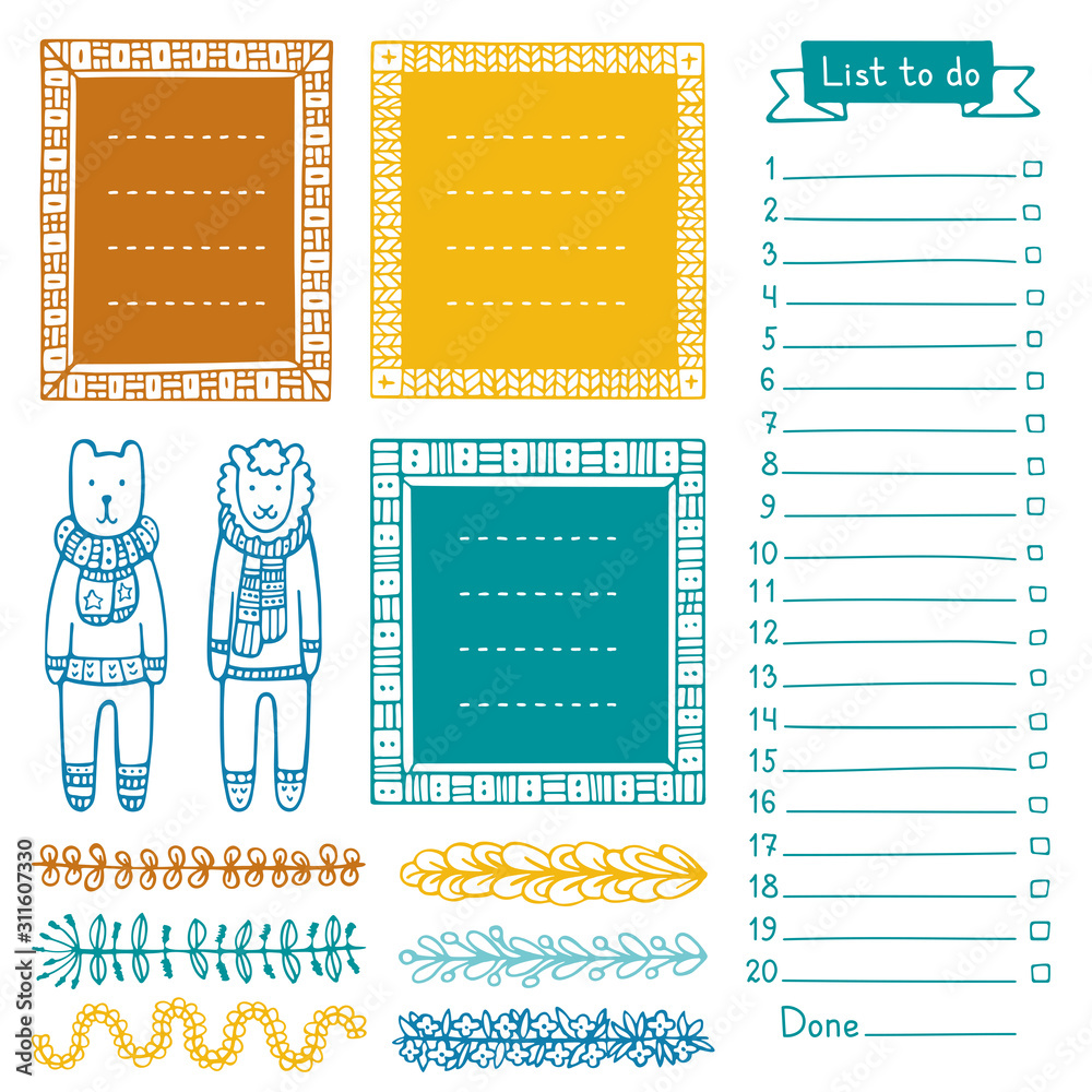 Bear, sheep, and set of hand-drawn frames and dividers for bullet ...
