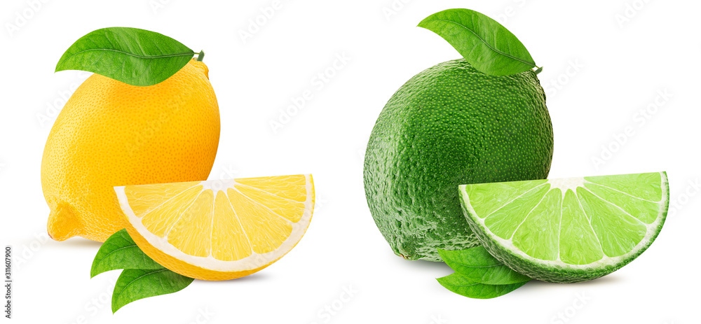 Fresh lime, lemon with leaf and slice