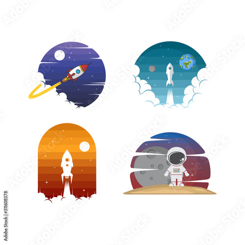 rocket ship launch space travel sign badge label logo set