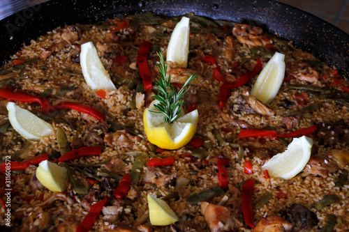 Typical Spanish paella on a pan