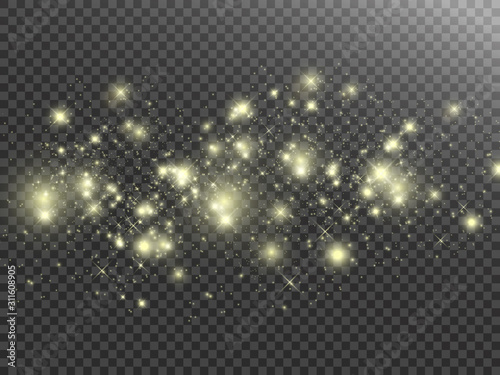Gold sparks glitter special light effect. Vector sparkles on transparent background. Christmas abstract pattern. Sparkling magic dust particles