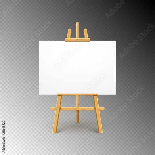 Wooden easel canvas board isolated stand. Blank empty vector easel poster billboard