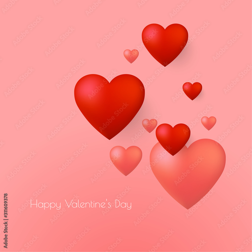 Happy Valentines Day greeting card vector template. Romantic poster with 3d hearts. Vector illustrtation.