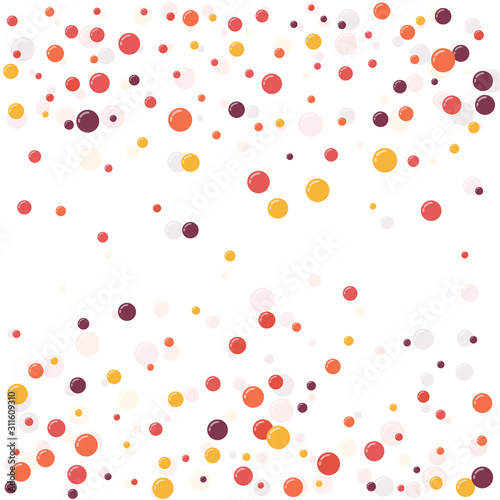 Fototapeta Naklejka Na Ścianę i Meble -  Festive multicolored circles, confetti. Randomly scattered colored bubbles. Childish vibrant round dots on white background for decoration. Vector illustration.