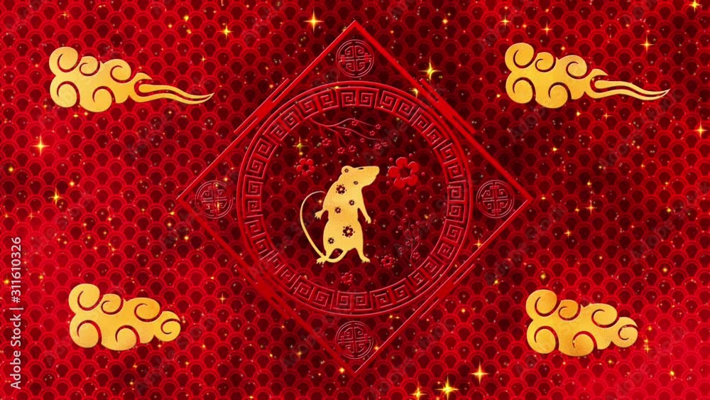 Red Chinese New Year background with gold, rat, fireworks, 3D rendering loop 4k. Magical Happy new year animation. Red Chinese New Year background with gold, rat, fireworks, 3D rendering loop 4k. Magical Happy new year animation.