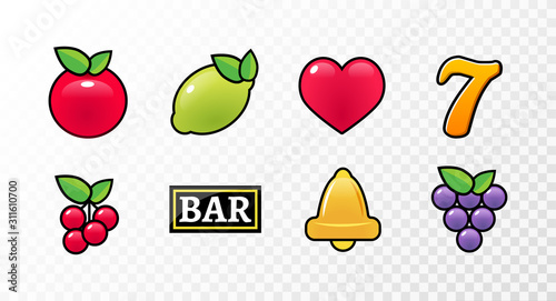 Casino slot machine icon symbol vector fruit cherry jackpot seven bell game lemon