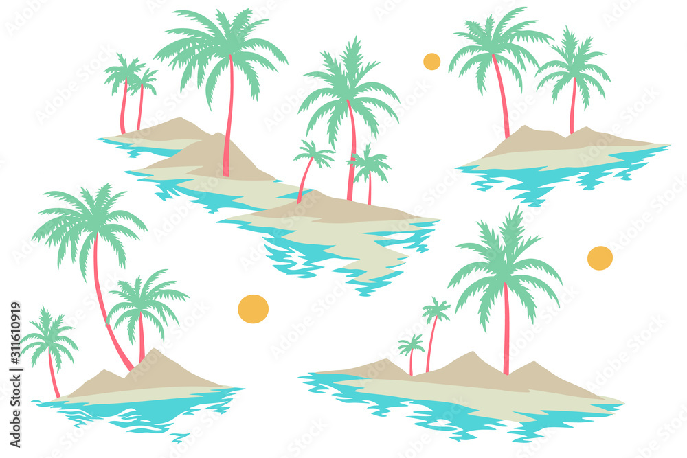 Tropical islands set with palm trees, sand and water isolated on white. Trendy flat design. Summer holidays illustration.