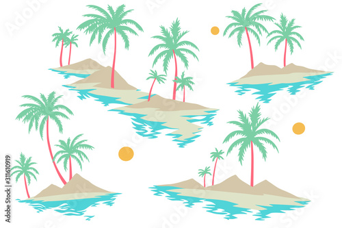 Tropical islands set with palm trees  sand and water isolated on white. Trendy flat design. Summer holidays illustration.