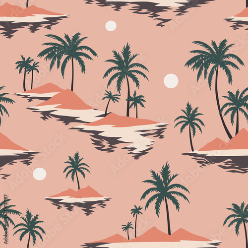 Vintage seamless island pattern. Colorful summer tropical background. Landscape with palm trees, beach and ocean. Flat design, vector. Good for textile, fabric, t-shirt, wallpaper, wrapping.