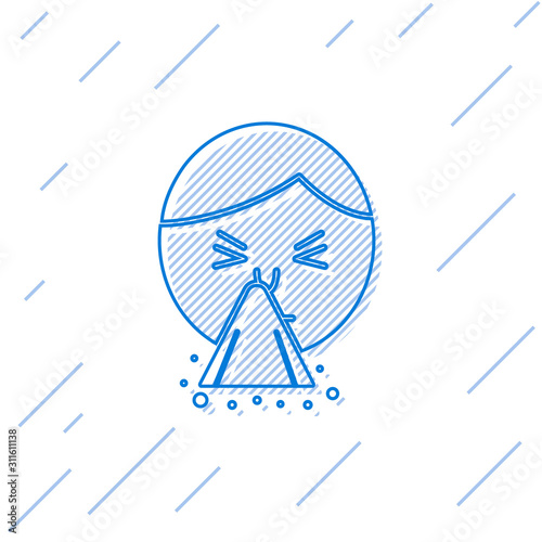 Blue line Man holding handkerchief or napkin to his runny nose icon isolated on white background. Coryza desease symptoms. Vector Illustration