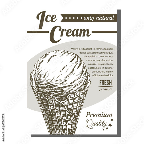 Ice Cream In Waffle Cornet Snow Cone Banner Vector. Whipped Milk Cold Gelato Sweet Dessert Ice Cream Concept. Refreshing Natural Dairy Tasty Snack Designed Template Monochrome Illustration