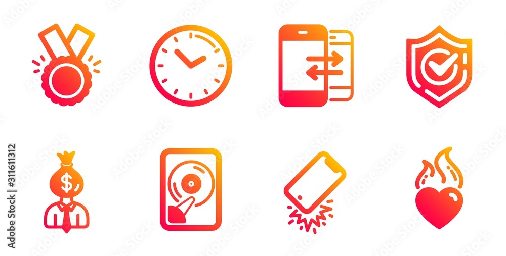 Confirmed, Phone communication and Manager line icons set. Smartphone broken, Hdd and Honor signs. Time, Heart flame symbols. Accepted message, Incoming and outgoing calls. Vector